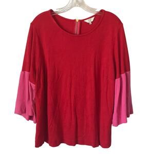 Crown and Ivy Blouse OX Womens Red Pink Ruffle Bell Sleeve Medium Weight Jersey